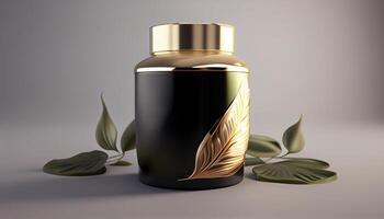 Composition of a black cosmetic jar for cosmetics and green leaves on the background. Place for text or logo. photo