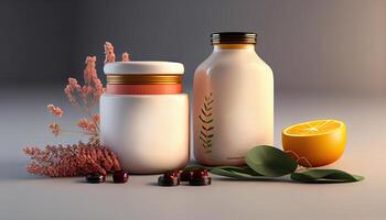 Light jar for cosmetic cream with a golden lid. Place for text or logo. Composition of a jar with flowers. photo