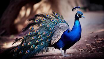 beautiful male indian peacock. Close-Up Of A Peacock With Spread Wings. photo