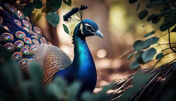 beautiful male indian peacock. Close-Up Of A Peacock With Spread Wings. photo