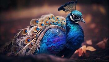 beautiful male indian peacock. Close-Up Of A Peacock With Spread Wings. photo