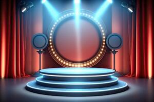 illustration of 3d blue background, round podium stage in spotlights rays photo