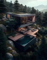 illustration of a captivating, an extraordinary house in a hill one side-oriented cabin, placing the modules between the trees ecological, exterior wood deck with infinity pool photo