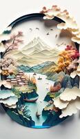 illustration of Chinese nature and landscape on solid background, auspicious clouds, ravine stream, mountain range, many houses and ancient buildings, multi dimensional paper quilling photo