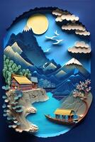 illustration of Chinese nature and landscape on solid background, auspicious clouds, ravine stream, mountain range, many houses and ancient buildings, multi dimensional paper quilling photo