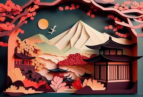 illustration of Chinese nature and landscape on solid background, auspicious clouds, ravine stream, mountain range, many houses and ancient buildings, multi dimensional paper quilling photo