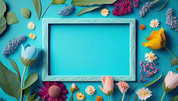 illustration of spring flower frame on blue and cyan background copy space flat lay mock up photo