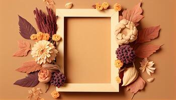 illustration of fall flower frame on pastel brown background copy space flat lay mock up photo