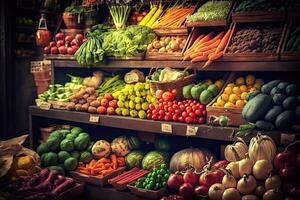 illustration of vegetable farmer market counter colorful various fresh organic healthy vegetables at grocery store. Healthy natural food concept photo