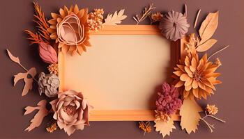 illustration of fall flower frame on pastel brown background copy space flat lay mock up photo