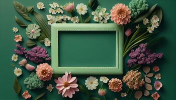 Generative AI illustration of spring flower frame on green background copy space flat lay mock up photo