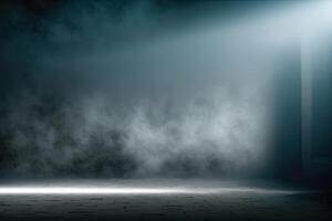 illustration of black wall texture rough background dark concrete floor. Abstract dark blue background, smoke, smog. Empty dark scene, neon light, spotlights. Concrete floor photo