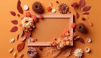 illustration of fall flower frame on pastel brown background copy space flat lay mock up photo