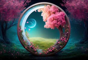 illustration of beautiful enchanted landscape. Magic meadow with spring blooming trees. Round frame with copy space in the middle . Fantasy garden background photo