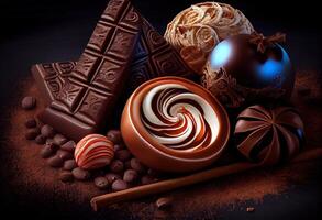 illustration of Cinnamon, Dark chocolate with milk and candy sweet, copy space, selective focus photo