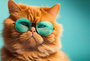generativo ai ilustración de de cerca retrato de gracioso gato vistiendo Gafas de sol aislado en pastel antecedentes. surrealista fantasía, copyspace foto