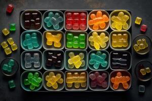 illustration of vast array of different gummy bear flavors in open square containers photo