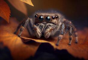 illustration of a jumping spider sitting on a leaf and looking at the camera, in the style of dark brown and gray, exaggerated facial features, heywood hardy photo