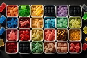 illustration of vast array of different gummy bear flavors in open square containers photo