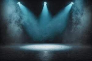 illustration of spotlights shine on stage floor in dark room, mist drift around, idea for background, backdrop mock up photo