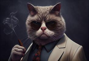 generativo ai ilustración de un gato como un mafia jefe de fumar foto