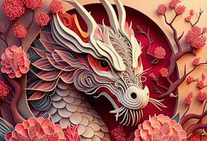 illustration of paper cut craft, quilling multi dimensional Chinese style, zodiac dragon with lanterns and cherry blossoms in background, chinese new year. photo