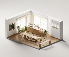 Isometric view minimal cafe store open inside interior architecture, 3d rendering digital art. photo