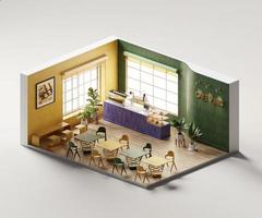 Isometric view minimal cafe store open inside interior architecture, 3d rendering digital art. photo