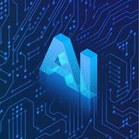 AI hologram on circuit background. Isometric Artificial intelligence concept. Blue Technology background. Machine learning. Vector
