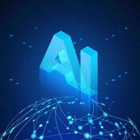 AI hologram over Global Network. Artificial intelligence isometric banner. Fuuristic Technology background. Vector