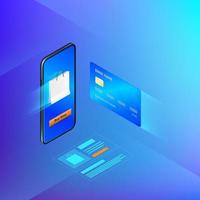 Banking online service in mobile app. Money transfer or internet shopping concept. Credit card and mobile phone. Vector isometric banner