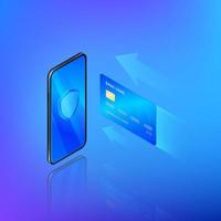 Banking online service in mobile app. Money transfer or internet shopping concept. Credit card and mobile phone with shield on screen. Security and protection online payment. Vector isometric banner