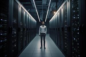 Male engineer in server room. Data center maintenance. photo