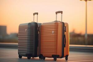 Two luggage suitcases in airport terminal. Travel concept. photo