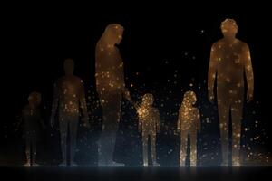 Different generations of family stand together against dark abstract background. photo