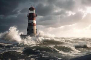 Sea landscape with stormy waves and lighthouse. Navigation for ships. photo