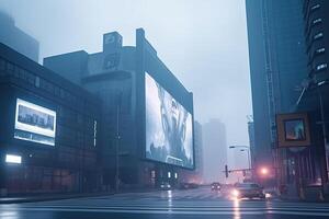 Futuristic neon city with billboard at street. photo