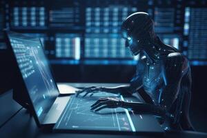 Machine learning. Artificial intelligence robot on futuristic background. photo
