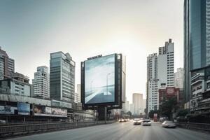 Futuristic city with billboard at street. photo