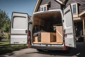 Open cargo van with cardboard boxes, moving concept. photo