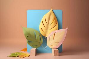 aesthetic color pastel display product with plastic leaf advertisement mockup , photo
