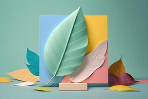 aesthetic color pastel display product with plastic leaf advertisement mockup , photo