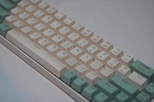 photo of a white and light blue computer keyboard