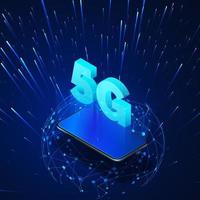 5g. Mobile phone with 5g hologram and global network isometric banner. Technology background. Vector