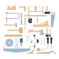 Woodwork tool kit. Set of hand carpentry equipment in flat style. Vector illustration isolated on white background