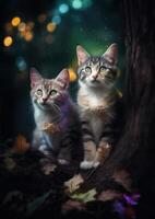 portrait of adorable kittens sitting with trees photo