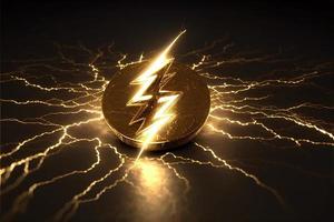 Gold coin hit by lightning bolt as crypto god money crash concept photo