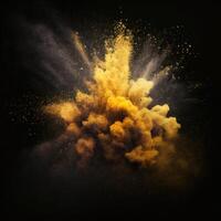 yellow dust explosion on black background photo