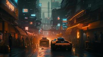 A Busy futuristic cyberpunk street of a town photo