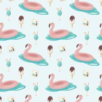 Vector seamless summer pattern. Cute realistic sea vacation elements. Inflatable pink flamingo, ice lolly and cool cocktail. Background or wallpaper decoration.